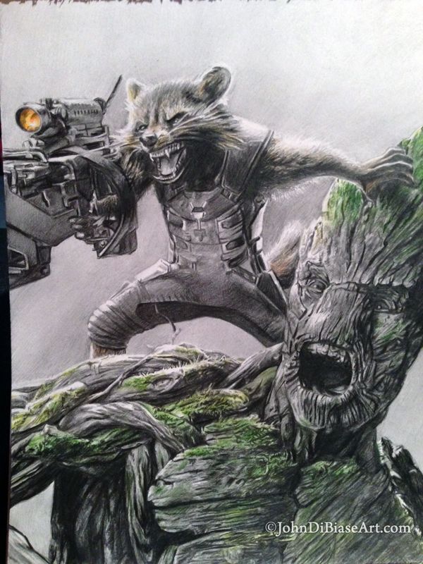 Rocket and Groot in Guardians of the Galaxy Original Graphite and Colored Pencil Drawing (NOT a print) 9" x 12"
