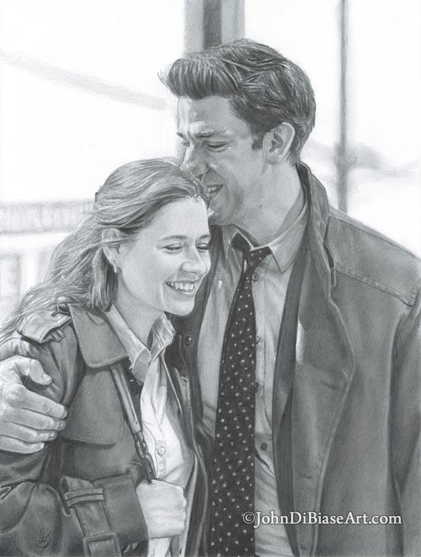 Jim and Pam from "The Office" John Krasinski and Jenna Fischer Original Graphite Pencil Drawing (NOT a print) 9" x 12"