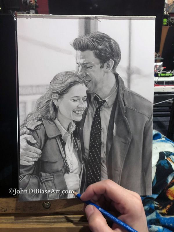 Jim and Pam from "The Office" John Krasinski and Jenna Fischer Original Graphite Pencil Drawing (NOT a print) 9" x 12"