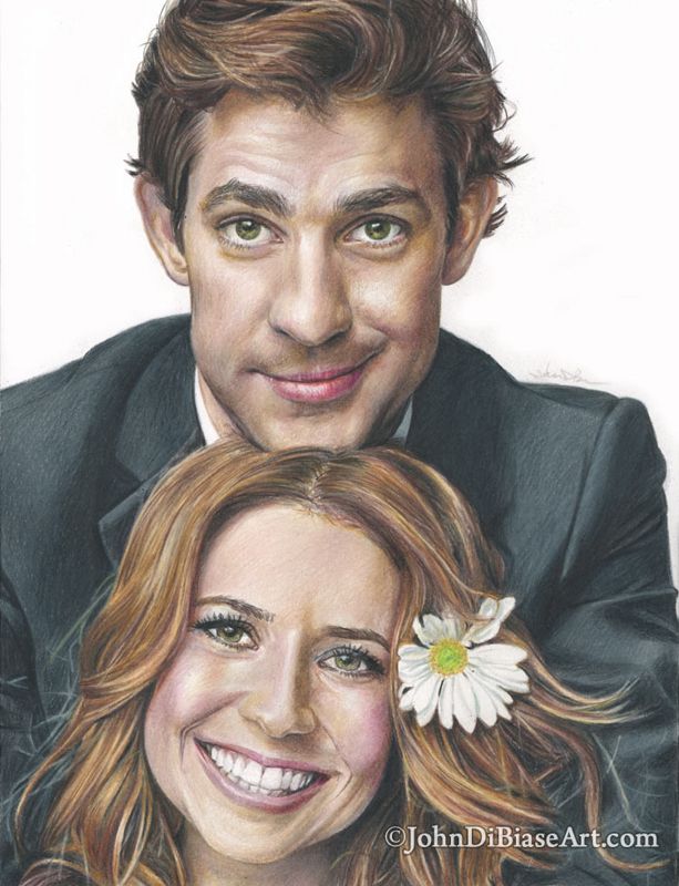 Jim and Pam from "The Office" John Krasinski and Jenna Fischer Original Colored Pencil Drawing (NOT a print) 9" x 12"