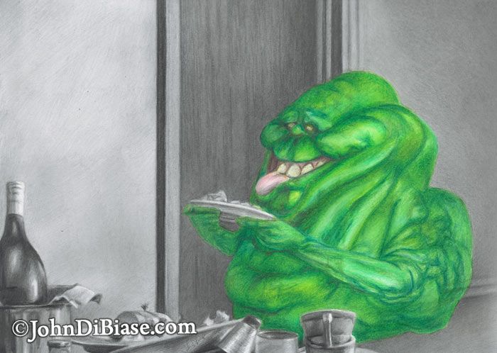 Slimer in Ghostbusters 1984 in the Sedgewick Hotel Original Graphite and Colored Pencil Drawing (NOT a print) 12" x  9"