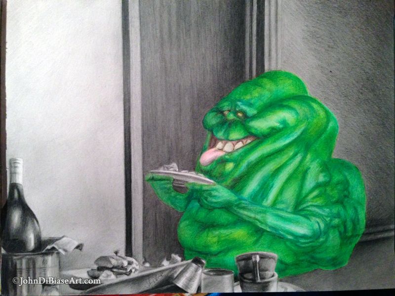 Slimer in Ghostbusters 1984 in the Sedgewick Hotel Original Graphite and Colored Pencil Drawing (NOT a print) 12" x  9"