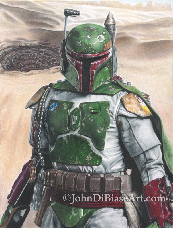 Boba Fett w/ Sarlaac Pit ORIGINAL Colored Pencil Drawing 9 x 12