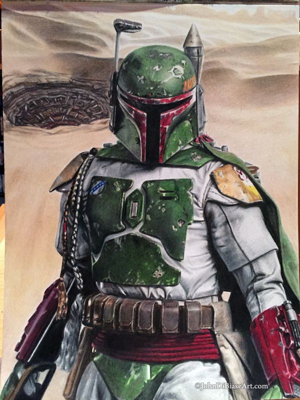 Boba Fett w/ Sarlaac Pit ORIGINAL Colored Pencil Drawing 9 x 12