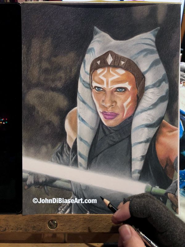 Ahsoka Tano (Rosario Dawson) Mandalorian ORIGINAL Colored Pencil Drawing 9 x 12