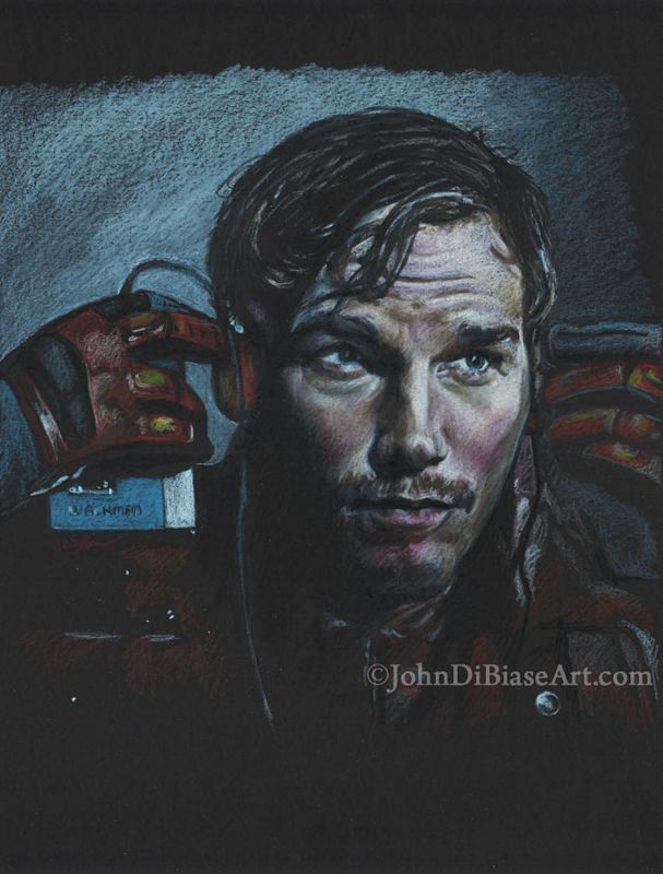 Chris Pratt as Star Lord/Peter Quill in Guardians of the Galaxy Colored Pencil on Black Paper Drawing (NOT a print) 9" x 12"