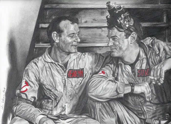 Ghostbusters Bill Murray (Peter Venkman) and Dan Aykroyd (Ray Stantz) Candid Original Graphite and Colored Pencil Drawing (NOT a print) 12" x  9"