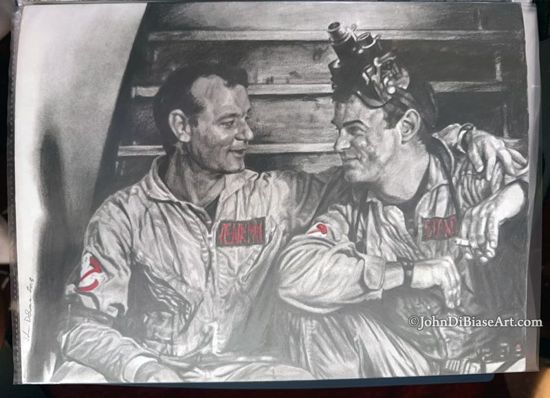 Ghostbusters Bill Murray (Peter Venkman) and Dan Aykroyd (Ray Stantz) Candid Original Graphite and Colored Pencil Drawing (NOT a print) 12" x  9"