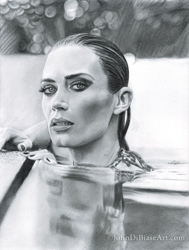Emily Blunt Pool Original Drawing (NOT a print) 9 x 12