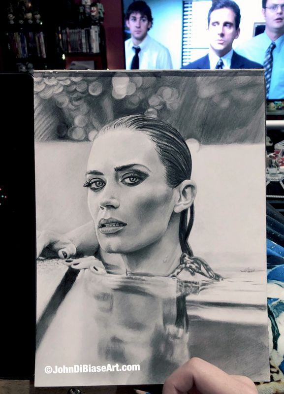 Emily Blunt Pool Original Drawing (NOT a print) 9 x 12