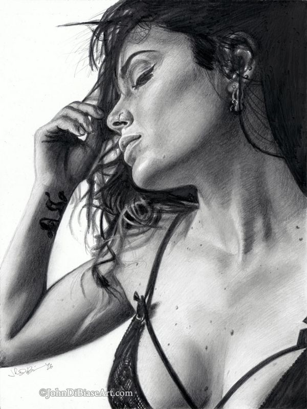 Nicole Vincenti / Sadie Gray  Italian Model Graphite Pencil Drawing [Wrist Tattoo] (NOT a print) 9" x 12"