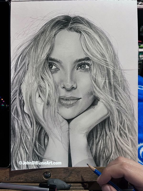 Jodie Comer Original Graphite Realistic Pencil Drawing (NOT a print) 9" x 12"