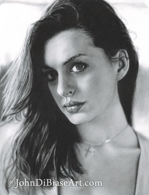 Anne Hathaway Graphite Realistic Original Pencil Drawing (NOT a print) 9 x 12