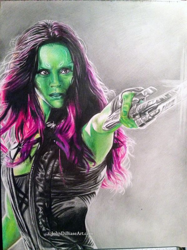 Zoe Saldana as Gamora in Guardians of the Galaxy Graphite and Colored Pencil Drawing (NOT a print) 9" x 12"