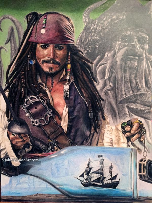 Johnny Depp as Jack Sparrow from "Pirates of the Caribbean" with Davy Jones and The Black Pearl  Colored Pencil Drawing (NOT a print) 9" x 12"