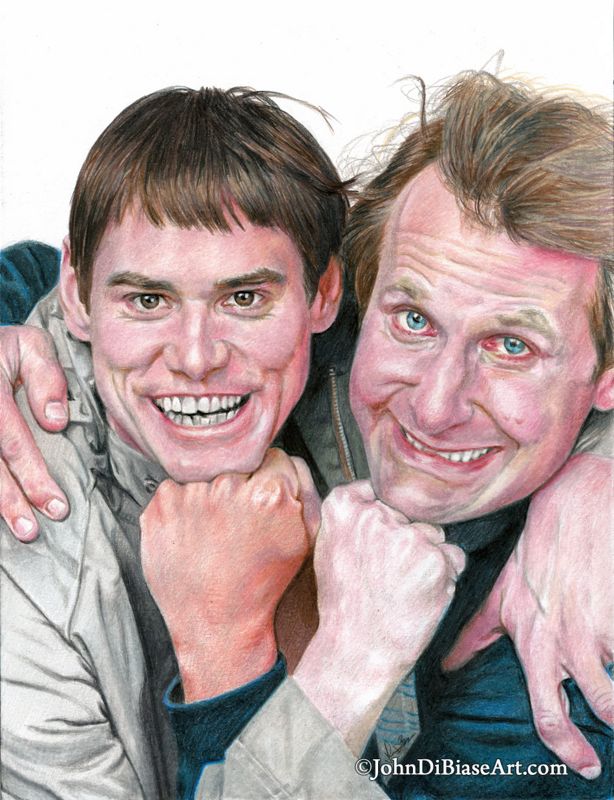 Harry and Lloyd (Jim Carrey, Jeff Daniels) in Dumb and Dumber Realistic Colored Pencil Drawing (NOT a print) 9" x 12"
