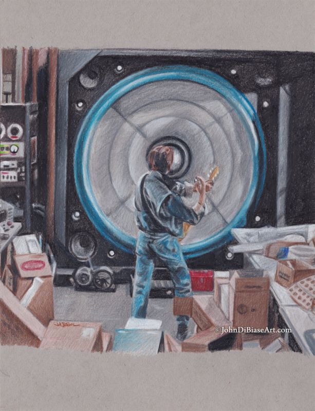 Marty McFly in Back To The Future "Giant Speaker" Original Colored Pencil Drawing on Tone Gray Paper (NOT a print) 9" x 12"