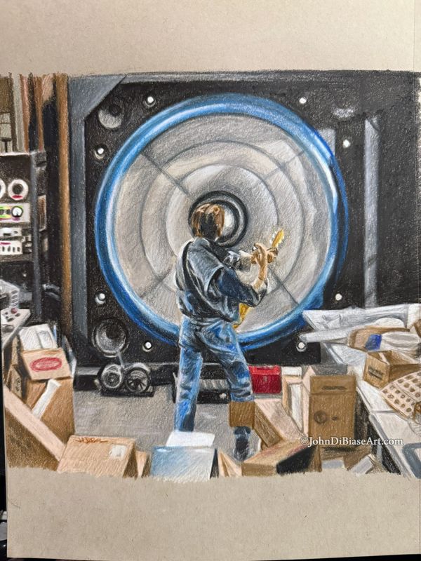 Marty McFly in Back To The Future "Giant Speaker" Original Colored Pencil Drawing on Tone Gray Paper (NOT a print) 9" x 12"