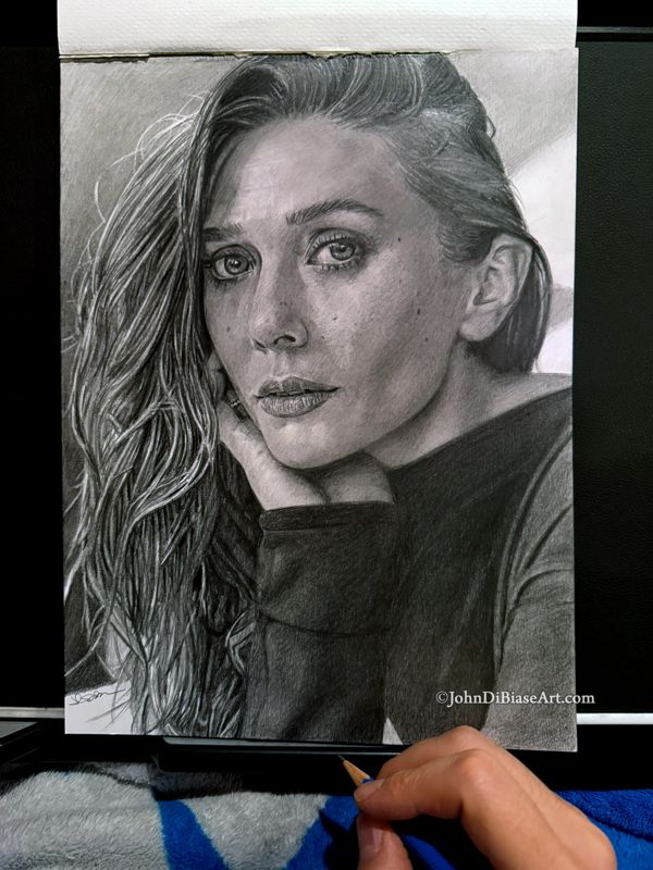 Elizabeth Olsen Freehand Realistic Graphite Drawing (NOT a Print) 9" x 12"