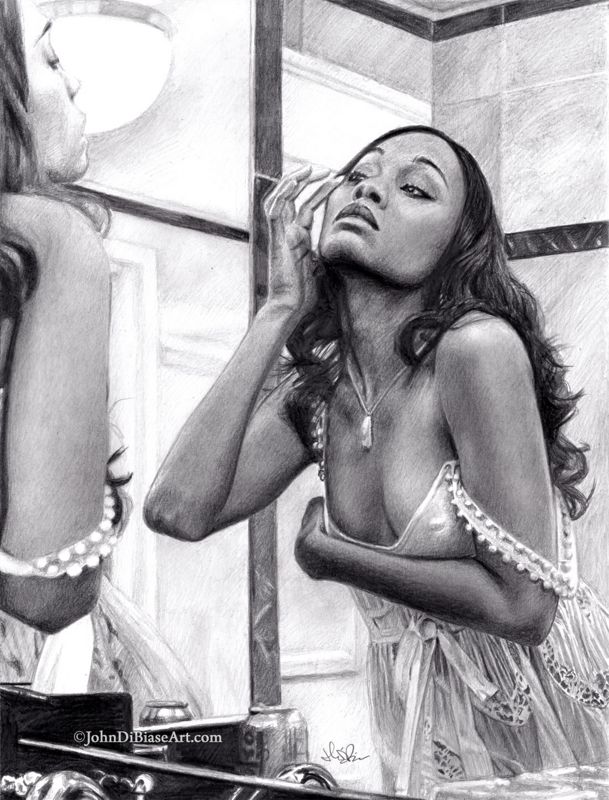 Zoe Saldana Mirror Graphite Pencil Drawing (NOT a print) 9" x 12"