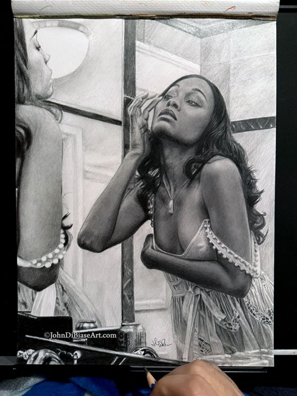 Zoe Saldana Mirror Graphite Pencil Drawing (NOT a print) 9" x 12"