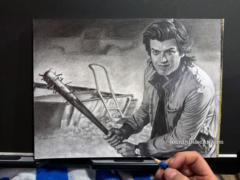 Steve Harrington (Joe Keery, Djo) with bat "Stranger Things" Original Graphite Drawing (NOT A PRINT) 12" x 9"