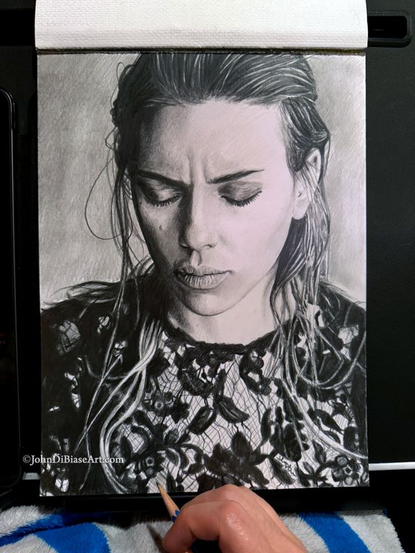 Scarlett Johansson "Somber" Original Graphite Drawing (Not a Print) 9" x 12"