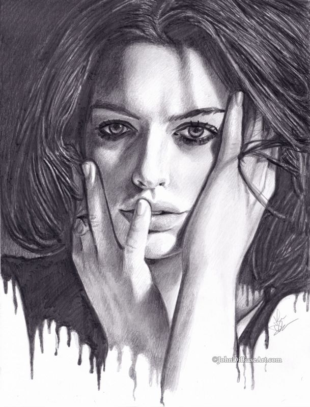 Anne Hathaway "Melting" Graphite Pencil Drawing (NOT a print) 9x12
