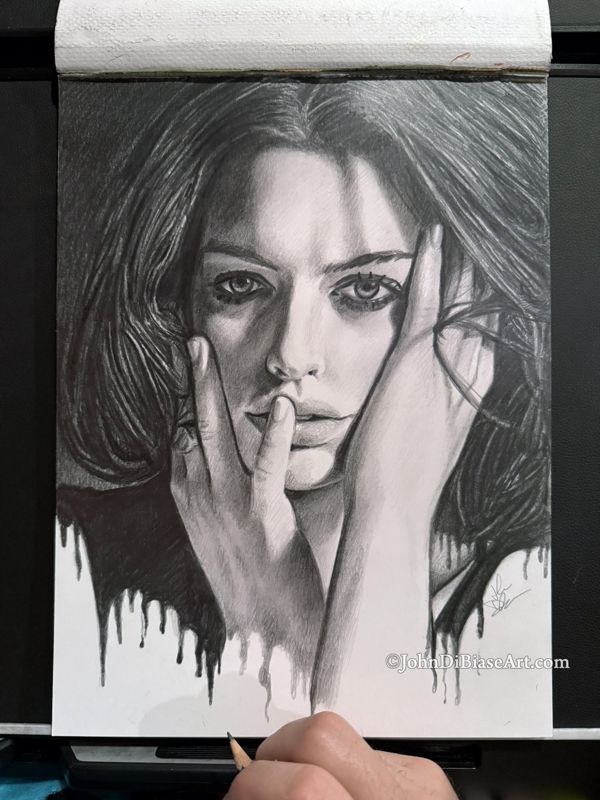 Anne Hathaway "Melting" Graphite Pencil Drawing (NOT a print) 9x12
