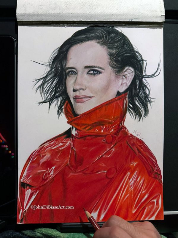 Eva Green (Red Jacket) Original Colored Drawing (NOT a print) 9" x 12"