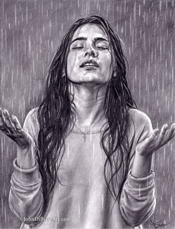 Surrender Original Graphite Drawing (NOT a print) 9" x 12" [Female Model with Hands Raised in Praise in the Rain]