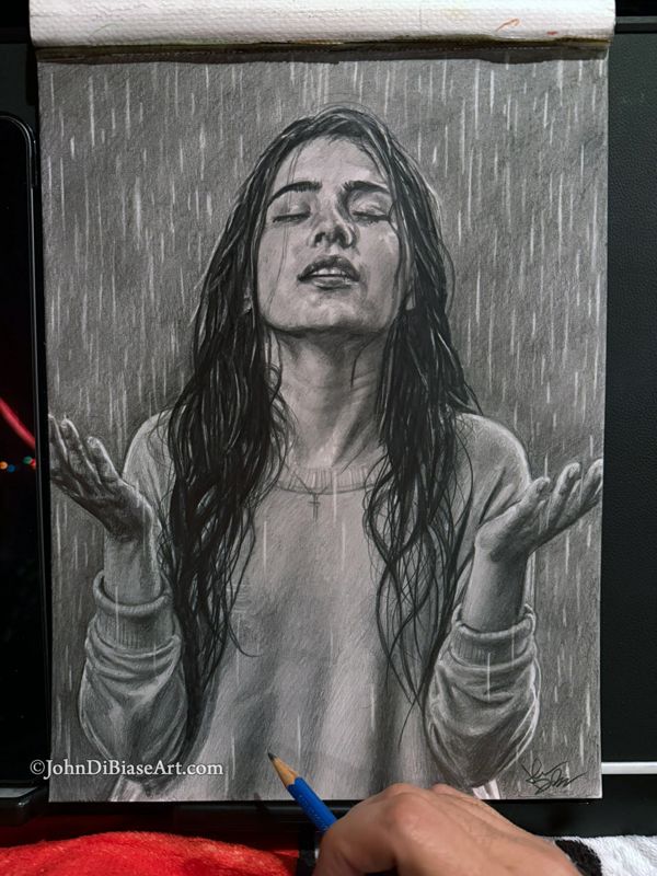 Surrender Original Graphite Drawing (NOT a print) 9" x 12" [Female Model with Hands Raised in Praise in the Rain]
