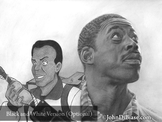 Ernie Hudson as Winston Zeddemore in Ghostbusters with Real Ghostbusters Winston Drawing Print 11 x 8.5