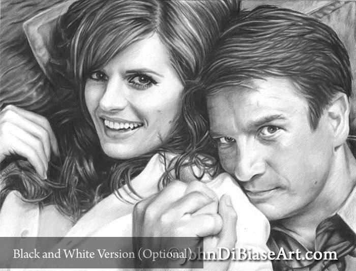 Stana Katic and Nathan Fillion as Castle and Beckett from TV's Castle Colored Pencil Drawing Print (11 x 8.5)