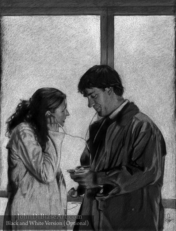 Jim and Pam Share Music from "The Office" Drawing Print (Jenna Fischer and John Krasinski) 8.5 x 11