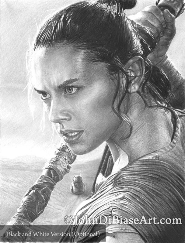 Daisy Ridley as Rey w/ BB-8 from Star Wars: The Force Awakens Colored Pencil Drawing Print (8.5 x 11)