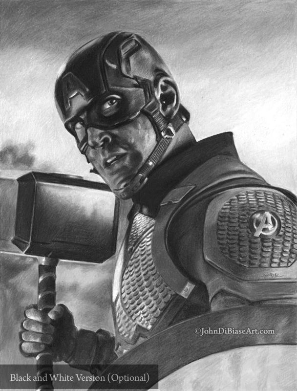 Captain America with Mjolnir in Avengers Endgame (Chris Evans) Colored Pencil Drawing Print 8.5 x 11