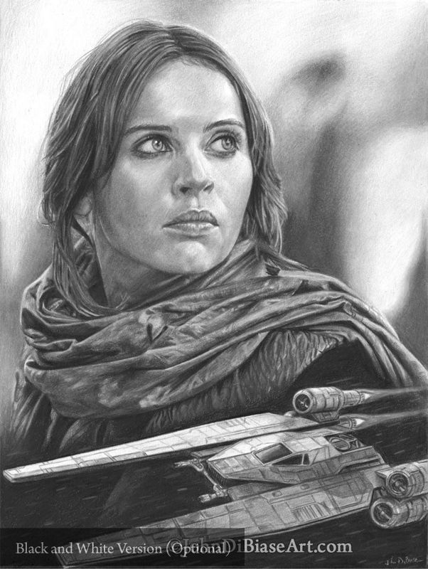 Jyn Erso (Felicity Jones) and a Rebel U-Wing in Star Wars: Rogue One Colored Pencil / Graphite Drawing Print 8.5 x 11