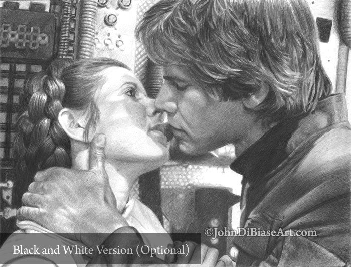 Han & Leia (Carrie Fisher and Harrison Ford) in Star Wars 11 x 8.5 Colored Pencil Drawing Print