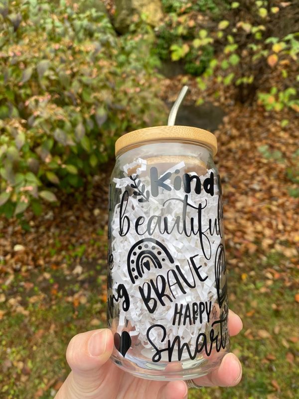 Affirmations 16oz Glass Beer Can with lid & straw