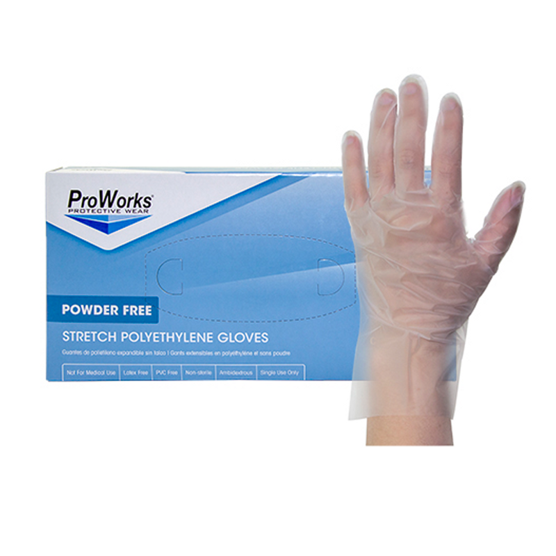 PROWORKS STRETCH POLY GLOVES, CLEAR, 10/200, X-LARGE