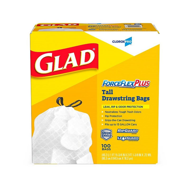 100/cs Clorox GladForce 13 Gal Tall Drawstring Kitchen Bag Unscented