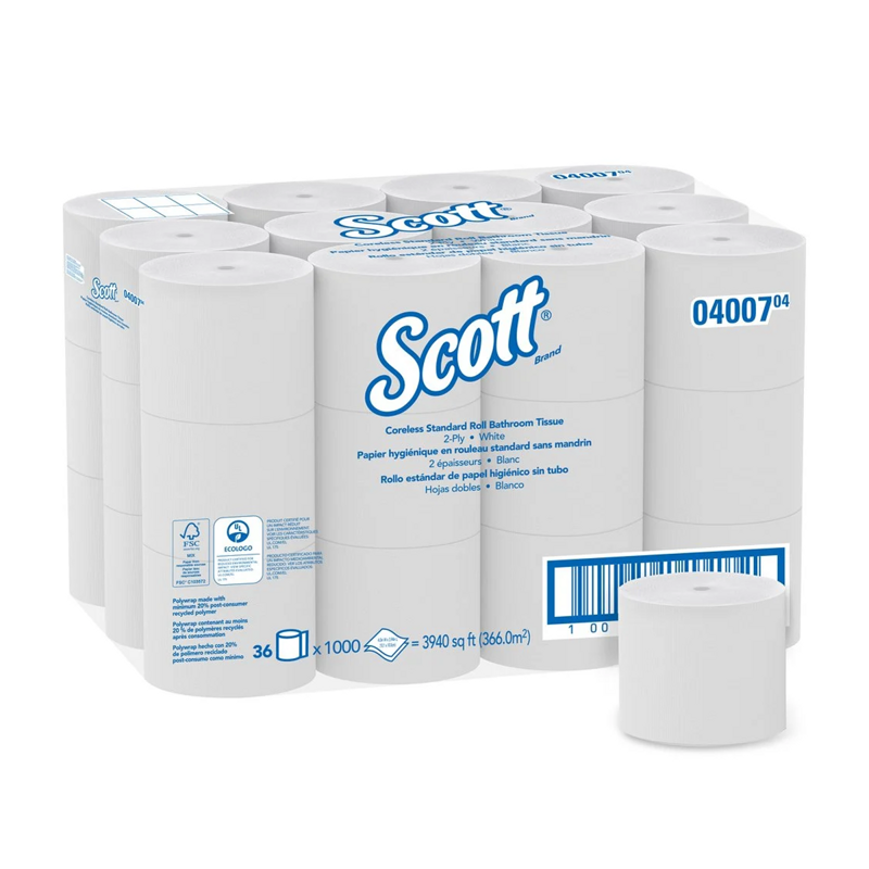 36/cs KC Scott Standard Roll Bath Tissue Coreless White 4.0"x3.94" 1000/roll 10036000040071