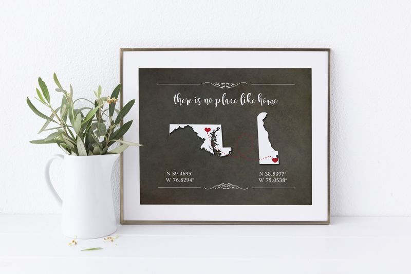 Two State Silhouette Map Art with Coordinates