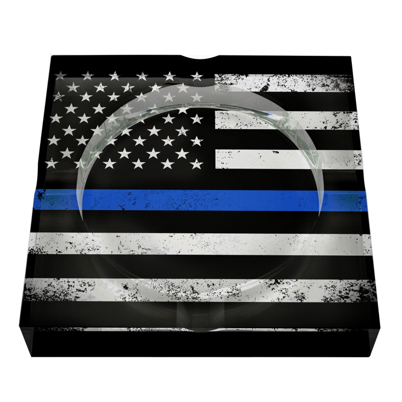 Custom Flag Crystal Ashtray - Blue Line, Red Line, and Military Flag Blue