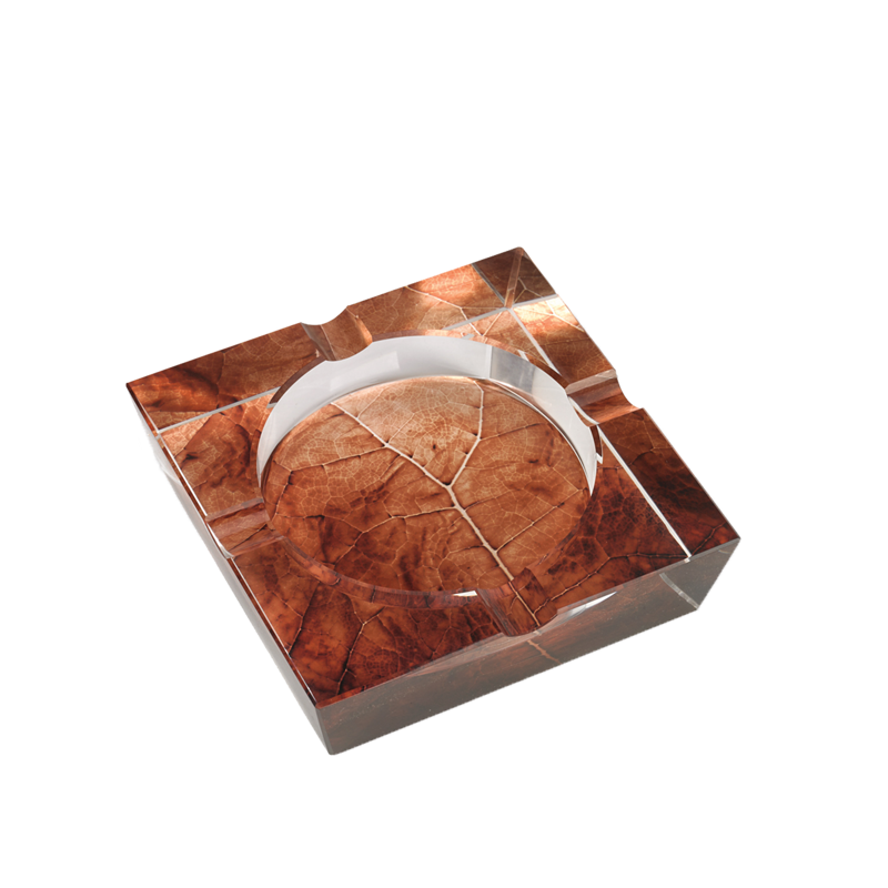 Quality Importers Crystal Cigar Ashtray TOBACCO LEAF PRINT SQUARE