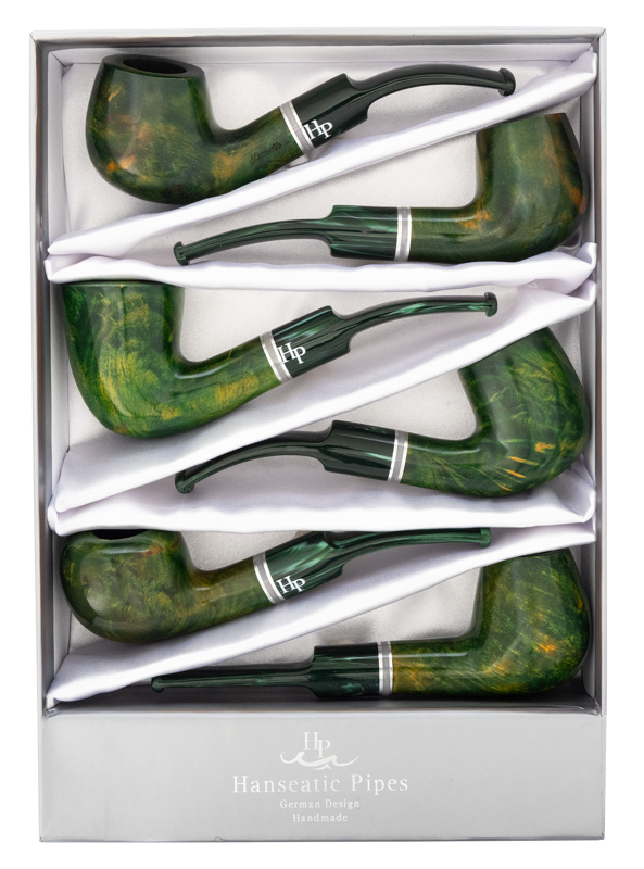 Pipes | Hanseatic Spirit Pipe Set Green stain with Green Stems with Silver Accent Ring PACK OF 6