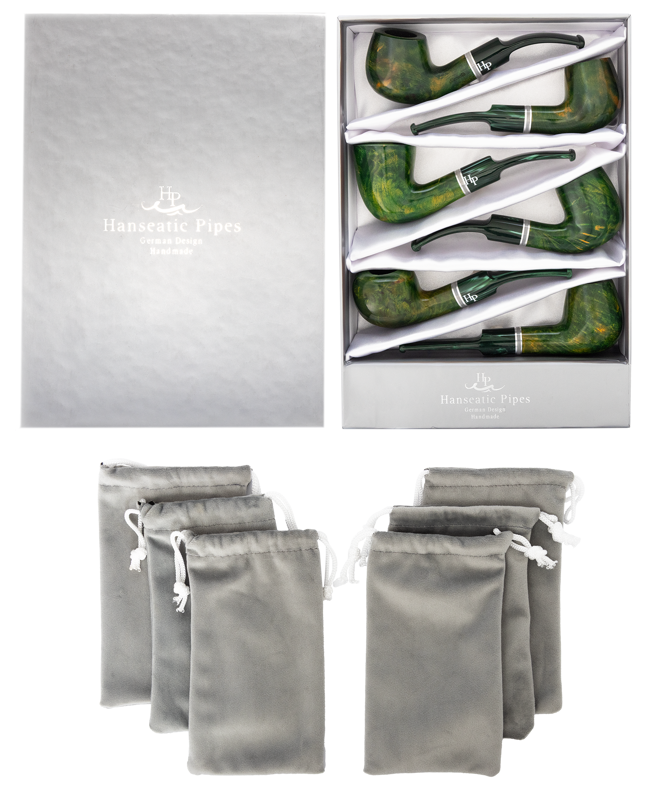 Pipes | Hanseatic Spirit Pipe Set Green stain with Green Stems with Silver Accent Ring PACK OF 6