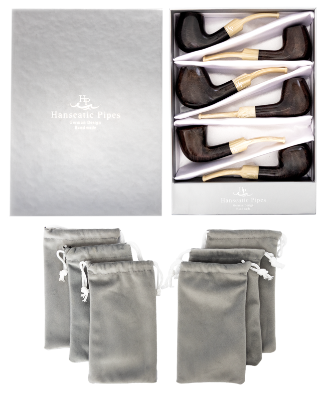 Pipes | Hanseatic Spirit Pipe Set Brown polish with horn sattle stems PACK OF 6