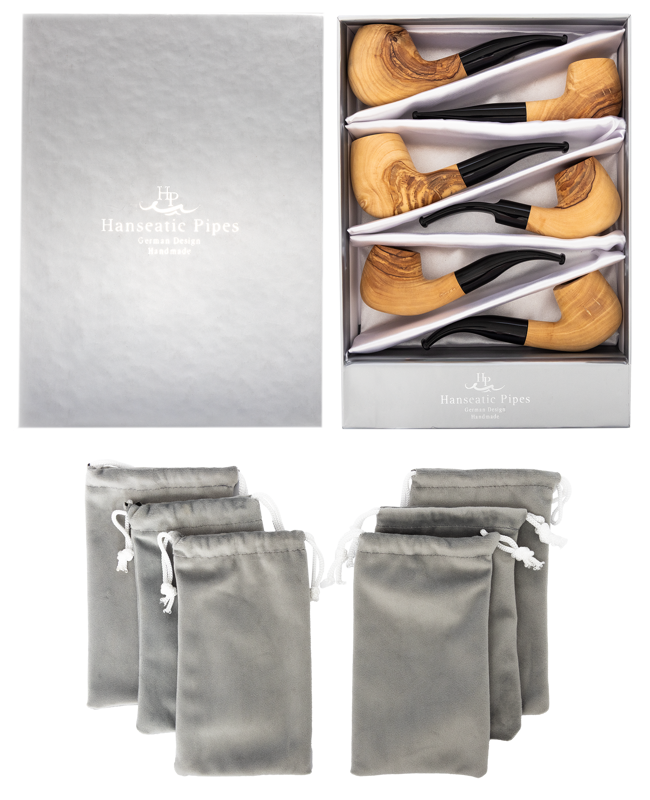 Pipes | Hanseatic Spirit Pipe Set Natural Olivewood with black stems PACK OF 6